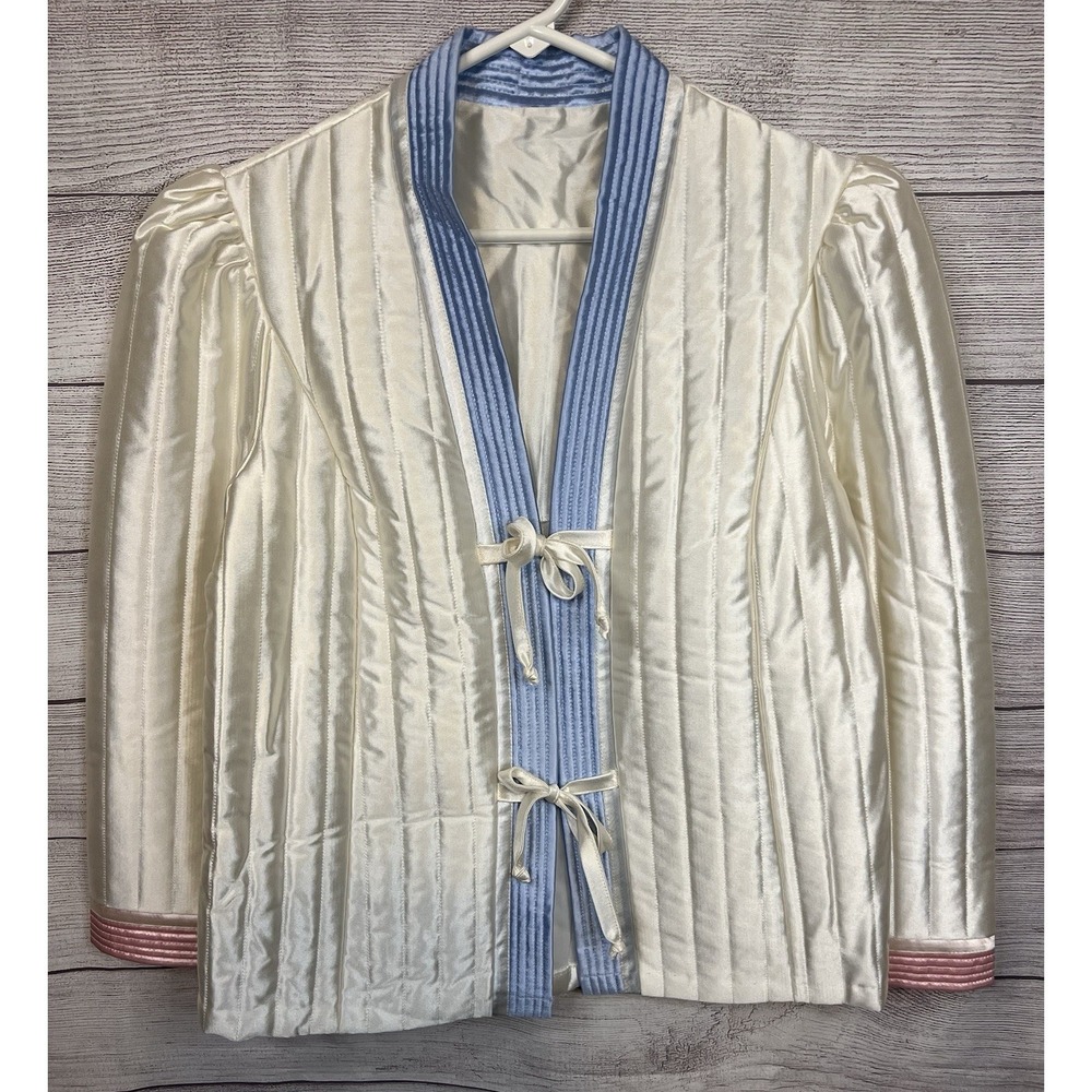 Vintage Barad & Co Ivory Blue Pink Quilted Satin Tie Jacket NWOT USA Size Large